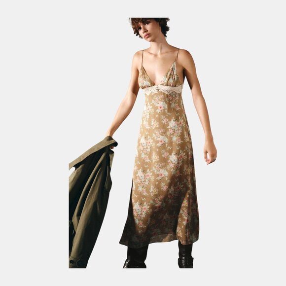 ZARA FLORAL PRINT LACE MIDI DRESS KHAKI NWT SIZE 2XL - Picture 2 of 9